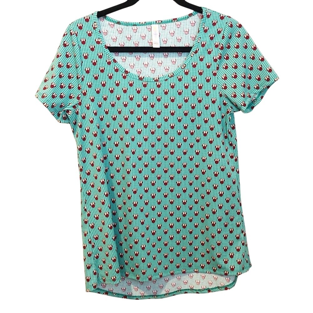 LuLaRoe Disney Minnie Mouse Teal Gingham Short Sleeve Scoop Neck Top Small